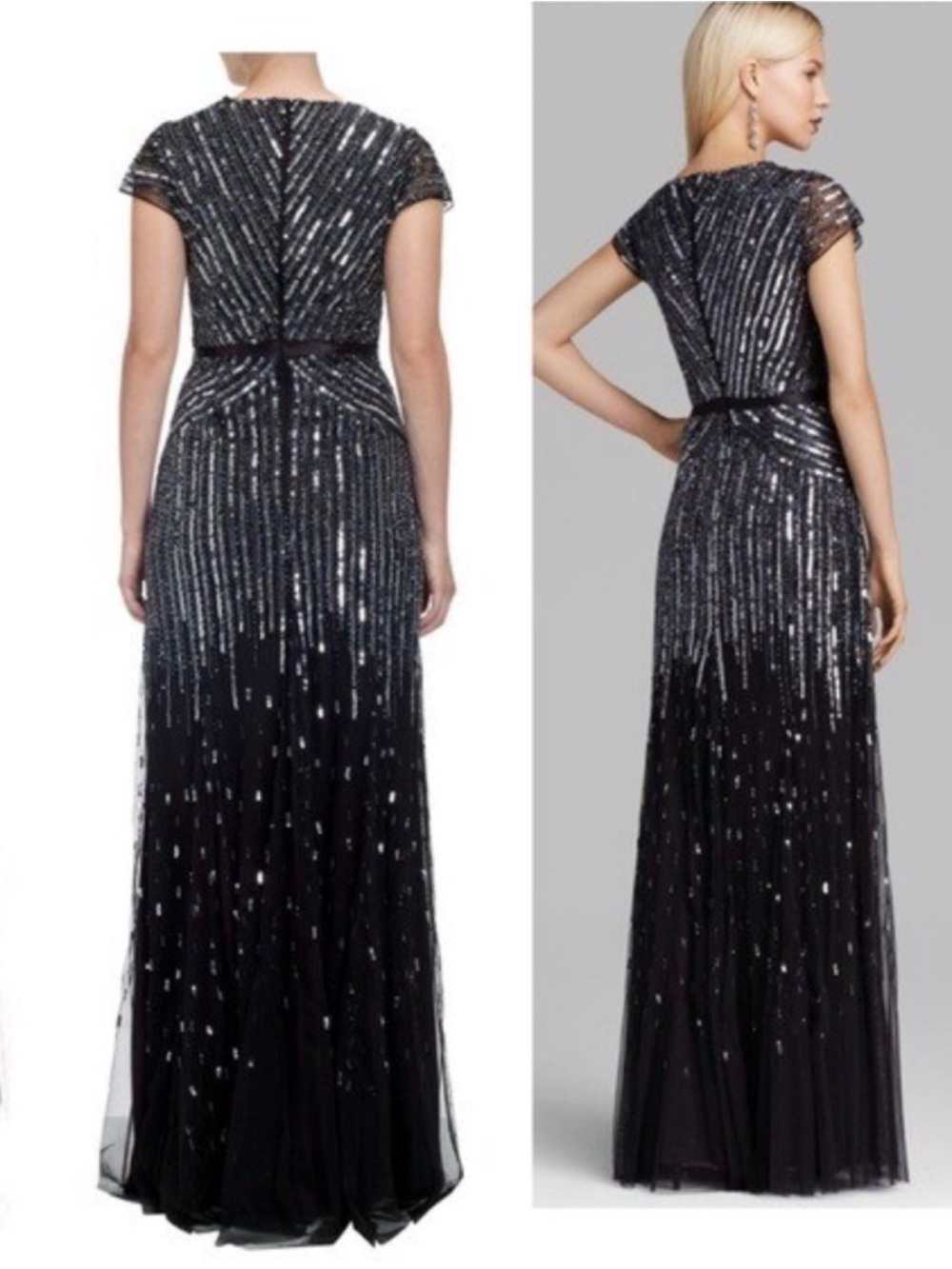 Adrianna Papell Gunmetal / Black Beaded V-Sparkling Sequin v Neck Evening Sz 16 - Picture 2 of 11